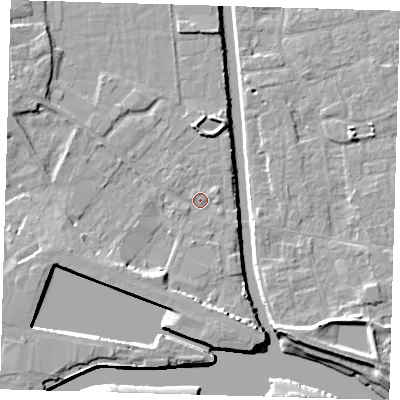 Shaded relief map of the ground around PE216DG, computed from Environment Agency LiDAR. The ground here sits at about 3 m above sea level and falls 7 m across the surrounding 800 m. Surface water reaching this point runs off ground lying to the south-south-west, 3.7 m higher.