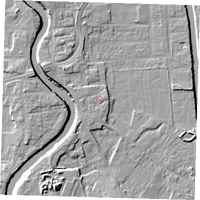 Shaded relief map of the ground around PE216DH, computed from Environment Agency LiDAR. The ground here sits at about 5 m above sea level and falls 10 m across the surrounding 800 m. Surface water reaching this point runs off ground lying to the south-south-west, 0.8 m higher.