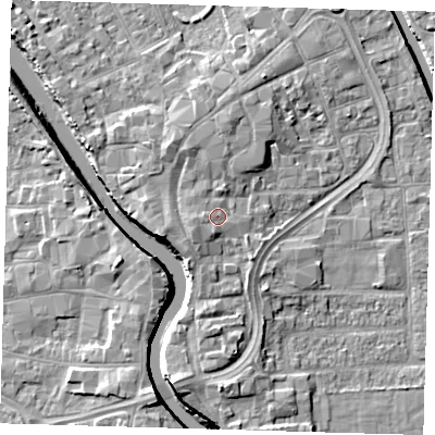Shaded relief map of the ground around PE216DJ, computed from Environment Agency LiDAR. The ground here sits at about 5 m above sea level and falls 7 m across the surrounding 800 m. Surface water reaching this point runs off ground lying to the west-south-west, 1.9 m higher.