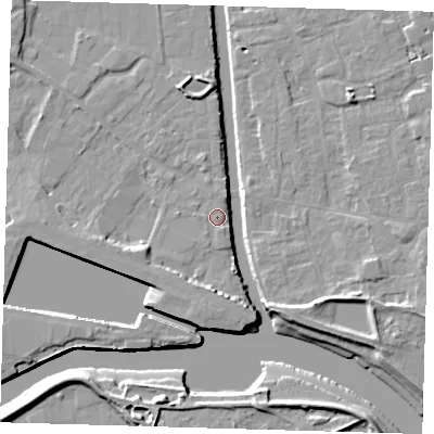 Shaded relief map of the ground around PE216DN, computed from Environment Agency LiDAR. The ground here sits at about 3 m above sea level and falls 8 m across the surrounding 800 m. Surface water reaching this point runs off ground lying to the west-south-west, 4.5 m higher.