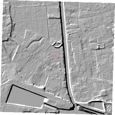 Shaded relief map of the ground around PE216DP, computed from Environment Agency LiDAR. The ground here sits at about 3 m above sea level and falls 7 m across the surrounding 800 m. Surface water reaching this point runs off ground lying to the north-north-west, 2.4 m higher.