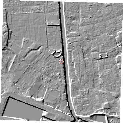 Shaded relief map of the ground around PE216DR, computed from Environment Agency LiDAR. The ground here sits at about 3 m above sea level and falls 7 m across the surrounding 800 m. Surface water reaching this point runs off ground lying to the north-west, 5.3 m higher.