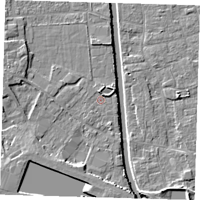 Shaded relief map of the ground around PE216DS, computed from Environment Agency LiDAR. The ground here sits at about 3 m above sea level and falls 7 m across the surrounding 800 m. Surface water reaching this point runs off ground lying to the north, 2.3 m higher.