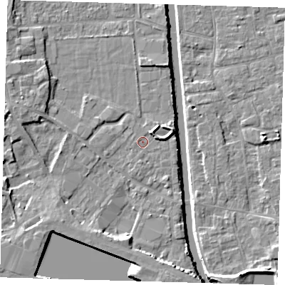 Shaded relief map of the ground around PE216DT, computed from Environment Agency LiDAR. The ground here sits at about 3 m above sea level and falls 7 m across the surrounding 800 m. Surface water reaching this point runs off ground lying to the north-east, 2.2 m higher.