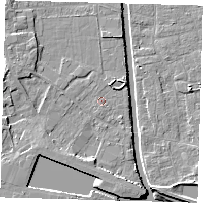 Shaded relief map of the ground around PE216DU, computed from Environment Agency LiDAR. The ground here sits at about 3 m above sea level and falls 7 m across the surrounding 800 m. Surface water reaching this point runs off ground lying to the north-north-east, 2.2 m higher.