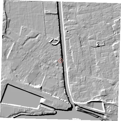 Shaded relief map of the ground around PE216DW, computed from Environment Agency LiDAR. The ground here sits at about 3 m above sea level and falls 7 m across the surrounding 800 m. Surface water reaching this point runs off ground lying to the north-north-west, 5.3 m higher.
