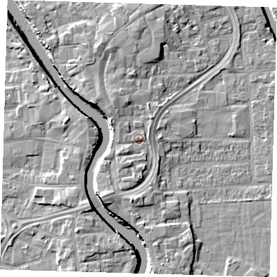 Shaded relief map of the ground around PE216DX, computed from Environment Agency LiDAR. The ground here sits at about 5 m above sea level and falls 7 m across the surrounding 800 m. Surface water reaching this point runs off ground lying to the south, 2.6 m higher.