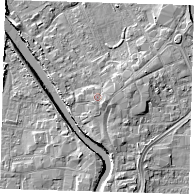Shaded relief map of the ground around PE216DY, computed from Environment Agency LiDAR. The ground here sits at about 5 m above sea level and falls 7 m across the surrounding 800 m. Surface water reaching this point runs off ground lying to the south-east, 1.5 m higher.