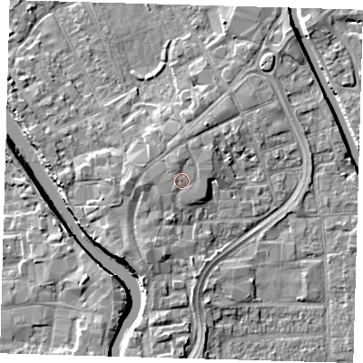 Shaded relief map of the ground around PE216EB, computed from Environment Agency LiDAR. The ground here sits at about 5 m above sea level and falls 7 m across the surrounding 800 m. Surface water reaching this point runs off ground lying to the north-north-west, 0.9 m higher.