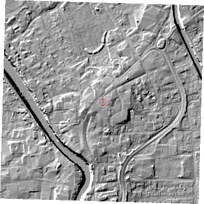 Shaded relief map of the ground around PE216EE, computed from Environment Agency LiDAR. The ground here sits at about 5 m above sea level and falls 7 m across the surrounding 800 m. Surface water reaching this point runs off ground lying to the west-south-west, 1.4 m higher.