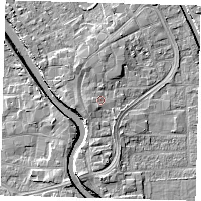 Shaded relief map of the ground around PE216EF, computed from Environment Agency LiDAR. The ground here sits at about 5 m above sea level and falls 7 m across the surrounding 800 m. Surface water reaching this point runs off ground lying to the west-south-west, 1.9 m higher.