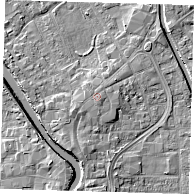 Shaded relief map of the ground around PE216EG, computed from Environment Agency LiDAR. The ground here sits at about 5 m above sea level and falls 7 m across the surrounding 800 m. Surface water reaching this point runs off ground lying to the south-south-east, 0.6 m higher.