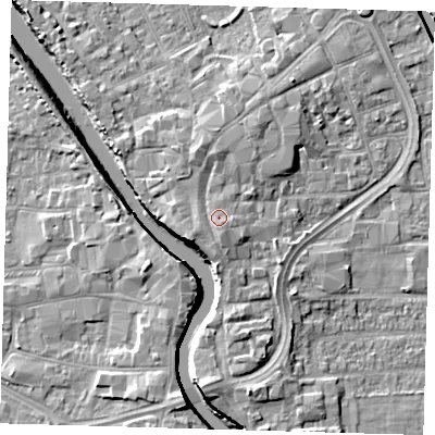 Shaded relief map of the ground around PE216EH, computed from Environment Agency LiDAR. The ground here sits at about 6 m above sea level and falls 7 m across the surrounding 800 m. Surface water reaching this point runs off ground lying to the south, 1.0 m higher.