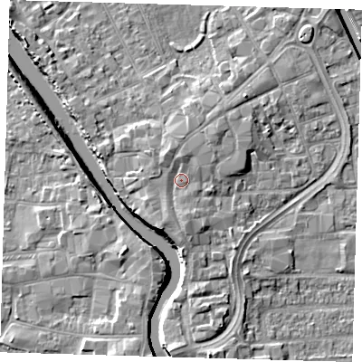 Shaded relief map of the ground around PE216EJ, computed from Environment Agency LiDAR. The ground here sits at about 5 m above sea level and falls 7 m across the surrounding 800 m. Surface water reaching this point runs off ground lying to the south, 1.5 m higher.