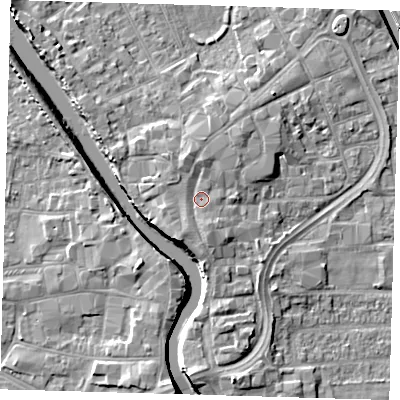 Shaded relief map of the ground around PE216EN, computed from Environment Agency LiDAR. The ground here sits at about 5 m above sea level and falls 7 m across the surrounding 800 m. Surface water reaching this point runs off ground lying to the south, 1.4 m higher.