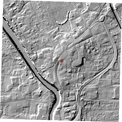 Shaded relief map of the ground around PE216EQ, computed from Environment Agency LiDAR. The ground here sits at about 6 m above sea level and falls 7 m across the surrounding 800 m. Surface water reaching this point runs off ground lying to the south, 1.4 m higher.