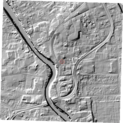 Shaded relief map of the ground around PE216ES, computed from Environment Agency LiDAR. The ground here sits at about 6 m above sea level and falls 7 m across the surrounding 800 m. Surface water reaching this point runs off ground lying to the west-north-west, 1.4 m higher.