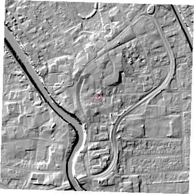 Shaded relief map of the ground around PE216EU, computed from Environment Agency LiDAR. The ground here sits at about 5 m above sea level and falls 7 m across the surrounding 800 m. Surface water reaching this point runs off ground lying to the south-west, 2.2 m higher.