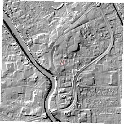Shaded relief map of the ground around PE216EZ, computed from Environment Agency LiDAR. The ground here sits at about 5 m above sea level and falls 7 m across the surrounding 800 m. Surface water reaching this point runs off ground lying to the south-west, 1.7 m higher.