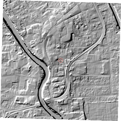 Shaded relief map of the ground around PE216HA, computed from Environment Agency LiDAR. The ground here sits at about 5 m above sea level and falls 7 m across the surrounding 800 m. Surface water reaching this point runs off ground lying to the west, 1.9 m higher.
