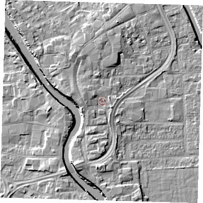 Shaded relief map of the ground around PE216HB, computed from Environment Agency LiDAR. The ground here sits at about 5 m above sea level and falls 7 m across the surrounding 800 m. Surface water reaching this point runs off ground lying to the west-north-west, 1.9 m higher.