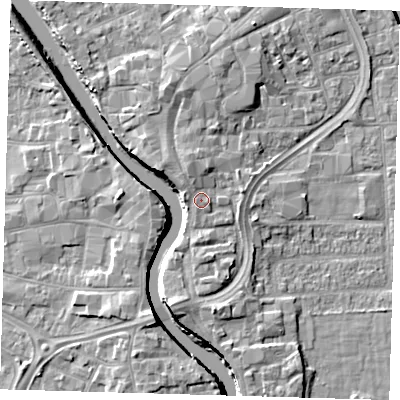 Shaded relief map of the ground around PE216HE, computed from Environment Agency LiDAR. The ground here sits at about 5 m above sea level and falls 7 m across the surrounding 800 m. Surface water reaching this point runs off ground lying to the north-west, 1.0 m higher.