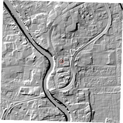 Shaded relief map of the ground around PE216HH, computed from Environment Agency LiDAR. The ground here sits at about 5 m above sea level and falls 7 m across the surrounding 800 m. Surface water reaching this point runs off ground lying to the north-north-east, 0.9 m higher.