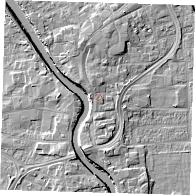 Shaded relief map of the ground around PE216HJ, computed from Environment Agency LiDAR. The ground here sits at about 6 m above sea level and falls 7 m across the surrounding 800 m. Surface water reaching this point runs off ground lying to the north-north-west, 1.3 m higher.