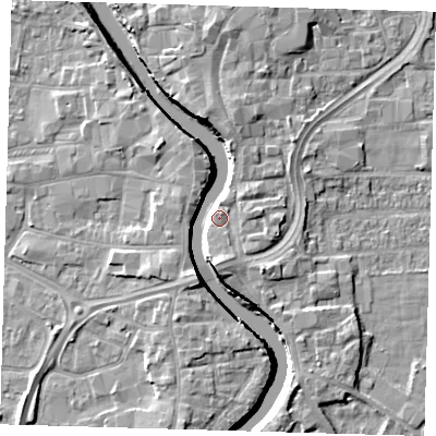 Shaded relief map of the ground around PE216HL, computed from Environment Agency LiDAR. The ground here sits at about 5 m above sea level and falls 7 m across the surrounding 800 m. Surface water reaching this point runs off ground lying to the south, 6.7 m higher.