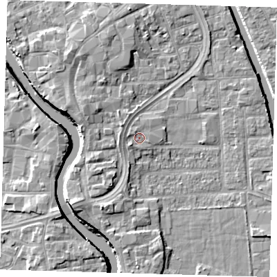 Shaded relief map of the ground around PE216HN, computed from Environment Agency LiDAR. The ground here sits at about 4 m above sea level and falls 7 m across the surrounding 800 m. Surface water reaching this point runs off ground lying to the south-west, 1.3 m higher.
