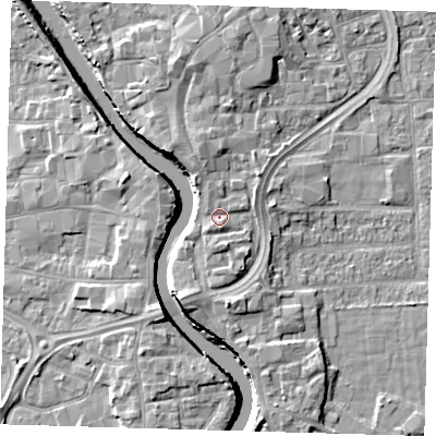 Shaded relief map of the ground around PE216HP, computed from Environment Agency LiDAR. The ground here sits at about 5 m above sea level and falls 7 m across the surrounding 800 m. Surface water reaching this point runs off ground lying to the south-west, 1.3 m higher.