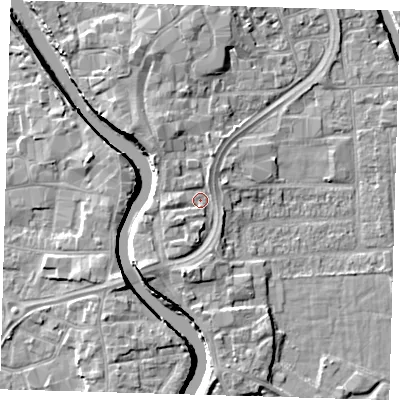 Shaded relief map of the ground around PE216HS, computed from Environment Agency LiDAR. The ground here sits at about 5 m above sea level and falls 7 m across the surrounding 800 m. Surface water reaching this point runs off ground lying to the south-south-west, 2.6 m higher.