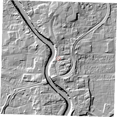 Shaded relief map of the ground around PE216HT, computed from Environment Agency LiDAR. The ground here sits at about 5 m above sea level and falls 7 m across the surrounding 800 m. Surface water reaching this point runs off ground lying to the south-east, 0.9 m higher.