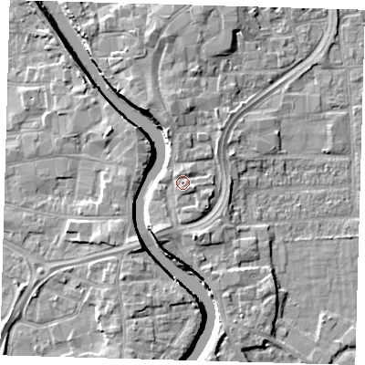 Shaded relief map of the ground around PE216HU, computed from Environment Agency LiDAR. The ground here sits at about 5 m above sea level and falls 7 m across the surrounding 800 m. Surface water reaching this point runs off ground lying to the south-east, 1.1 m higher.