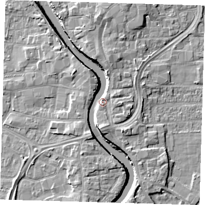 Shaded relief map of the ground around PE216HX, computed from Environment Agency LiDAR. The ground here sits at about 5 m above sea level and falls 7 m across the surrounding 800 m. Surface water reaching this point runs off ground lying to the south, 6.7 m higher.