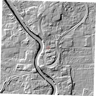 Shaded relief map of the ground around PE216HY, computed from Environment Agency LiDAR. The ground here sits at about 5 m above sea level and falls 7 m across the surrounding 800 m. Surface water reaching this point runs off ground lying to the south-south-west, 1.3 m higher.