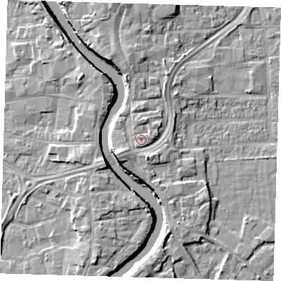 Shaded relief map of the ground around PE216JA, computed from Environment Agency LiDAR. The ground here sits at about 5 m above sea level and falls 7 m across the surrounding 800 m. Surface water reaching this point runs off ground lying to the north-north-east, 1.2 m higher.