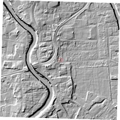 Shaded relief map of the ground around PE216JD, computed from Environment Agency LiDAR. The ground here sits at about 4 m above sea level and falls 7 m across the surrounding 800 m. Surface water reaching this point runs off ground lying to the west-south-west, 3.0 m higher.