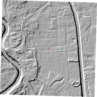 Shaded relief map of the ground around PE216JE, computed from Environment Agency LiDAR. The ground here sits at about 3 m above sea level and falls 7 m across the surrounding 800 m. Surface water reaching this point runs off ground lying to the west, 3.9 m higher.