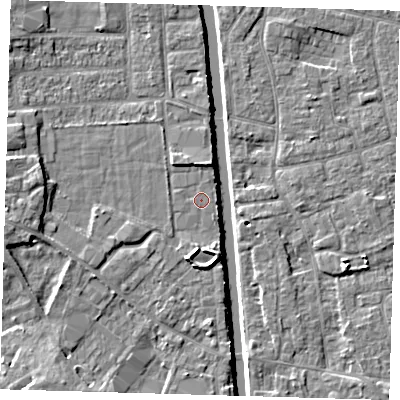 Shaded relief map of the ground around PE216JF, computed from Environment Agency LiDAR. The ground here sits at about 3 m above sea level and falls 6 m across the surrounding 800 m. The ground contributing surface water to this point lies to the south-south-west.