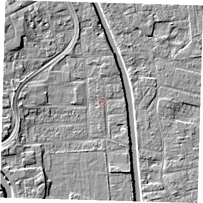Shaded relief map of the ground around PE216JG, computed from Environment Agency LiDAR. The ground here sits at about 3 m above sea level and falls 7 m across the surrounding 800 m. Surface water reaching this point runs off ground lying to the west-south-west, 4.3 m higher.