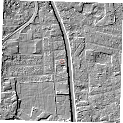 Shaded relief map of the ground around PE216JJ, computed from Environment Agency LiDAR. The ground here sits at about 3 m above sea level and falls 6 m across the surrounding 800 m. Surface water reaching this point runs off ground lying to the south-south-east, 1.3 m higher.