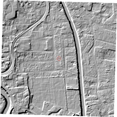 Shaded relief map of the ground around PE216JL, computed from Environment Agency LiDAR. The ground here sits at about 3 m above sea level and falls 7 m across the surrounding 800 m. Surface water reaching this point runs off ground lying to the west-south-west, 4.2 m higher.