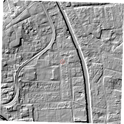 Shaded relief map of the ground around PE216JN, computed from Environment Agency LiDAR. The ground here sits at about 3 m above sea level and falls 7 m across the surrounding 800 m. Surface water reaching this point runs off ground lying to the south-west, 4.8 m higher.