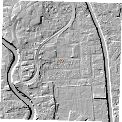 Shaded relief map of the ground around PE216JP, computed from Environment Agency LiDAR. The ground here sits at about 3 m above sea level and falls 7 m across the surrounding 800 m. Surface water reaching this point runs off ground lying to the south-west, 4.8 m higher.