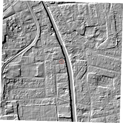 Shaded relief map of the ground around PE216JQ, computed from Environment Agency LiDAR. The ground here sits at about 3 m above sea level and falls 6 m across the surrounding 800 m. Surface water reaching this point runs off ground lying to the north-west, 0.8 m higher.