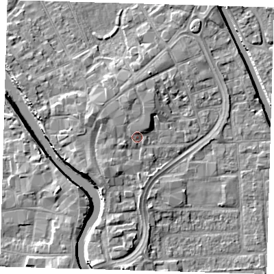 Shaded relief map of the ground around PE216JR, computed from Environment Agency LiDAR. The ground here sits at about 5 m above sea level and falls 7 m across the surrounding 800 m. Surface water reaching this point runs off ground lying to the north-north-west, 1.3 m higher.