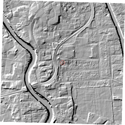 Shaded relief map of the ground around PE216JT, computed from Environment Agency LiDAR. The ground here sits at about 4 m above sea level and falls 7 m across the surrounding 800 m. Surface water reaching this point runs off ground lying to the south-west, 3.7 m higher.