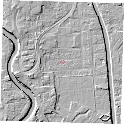 Shaded relief map of the ground around PE216JW, computed from Environment Agency LiDAR. The ground here sits at about 3 m above sea level and falls 7 m across the surrounding 800 m. Surface water reaching this point runs off ground lying to the west-south-west, 4.6 m higher.
