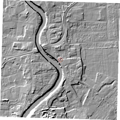 Shaded relief map of the ground around PE216JX, computed from Environment Agency LiDAR. The ground here sits at about 6 m above sea level and falls 10 m across the surrounding 800 m. Surface water reaching this point runs off ground lying to the west-north-west, 7.3 m higher.
